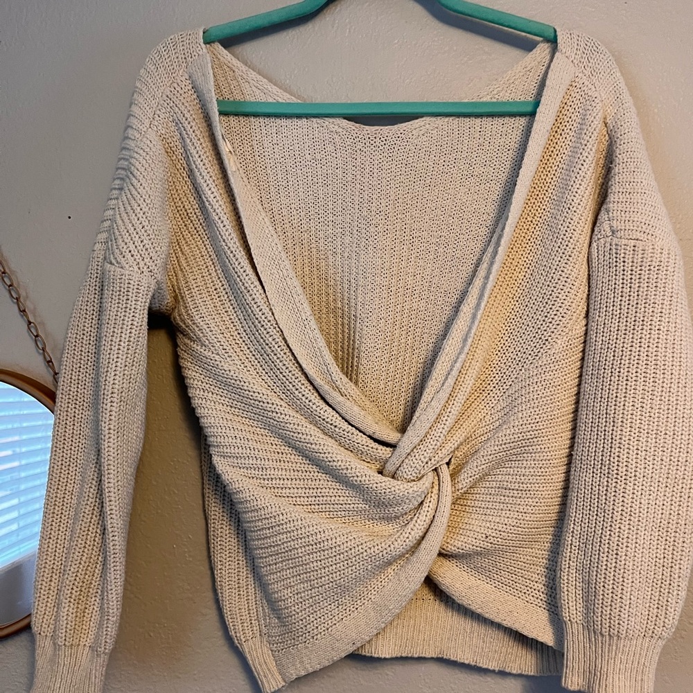 Off-white over the shoulder sweater with an open back